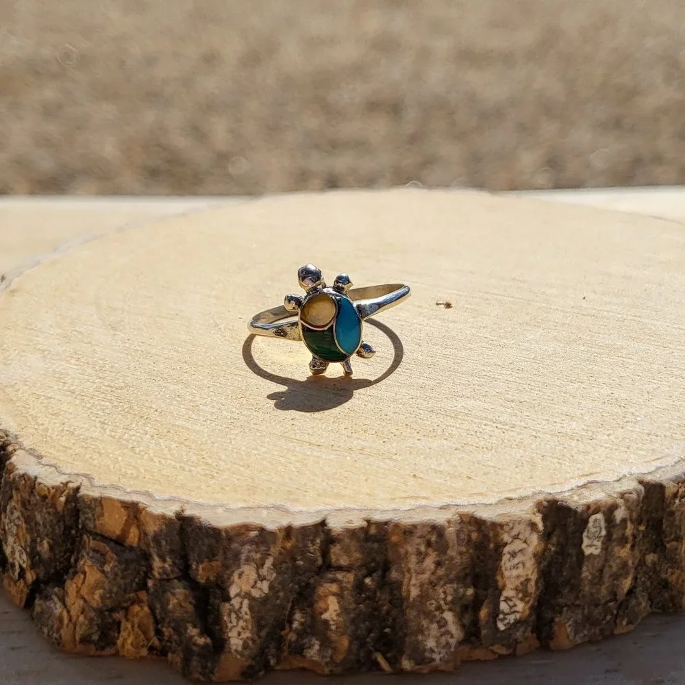 Native American Handmade Mini Turtle Multi Stones Zuni Inlay Ring Turquoise Opal